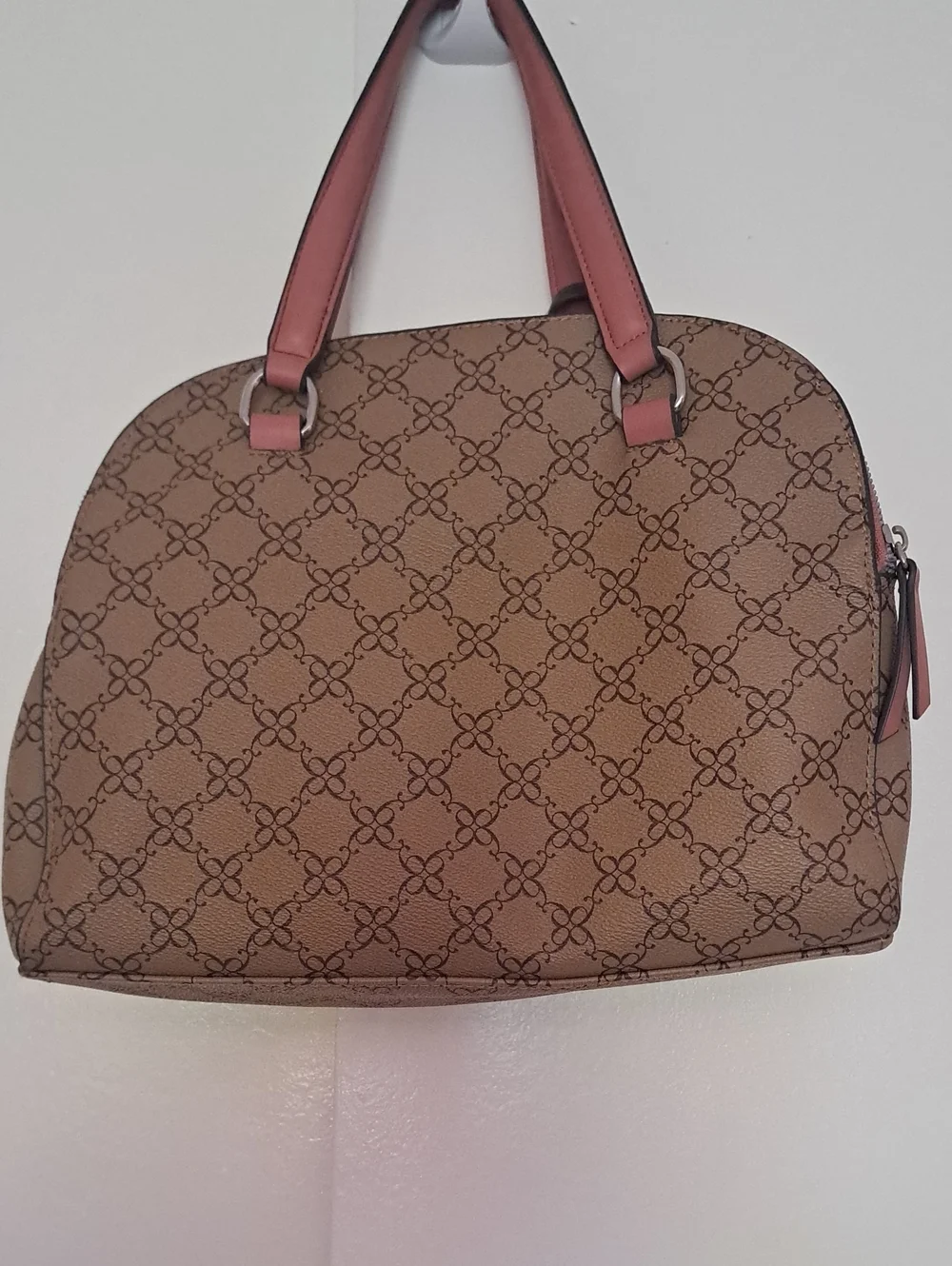 Nine West Brown Logo Satchel with Pink Handles and Dark Trim